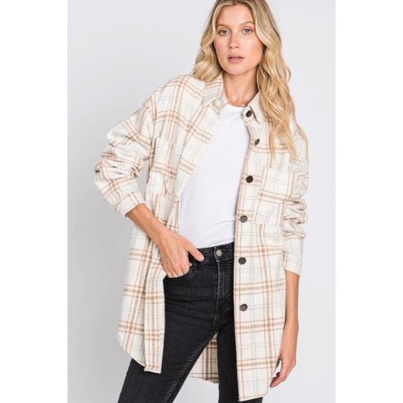 SOLD OUT Beige Plaid Flannel Oversized Shacket Shirt Jacket - Picture 4 of 9